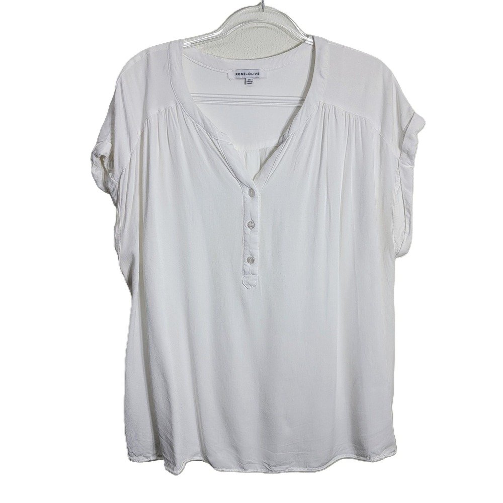 Rose + Olive White Rayon Henley Blouse Womens Plus Size 2X Short Sleeve V-Neck